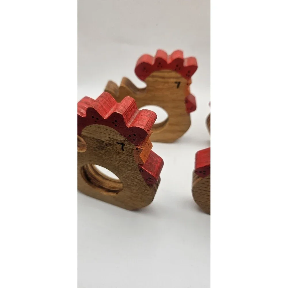 Set of 4 Wood Chicken Napkin Rings Hand Painted Country Farmhouse Decor Vtg